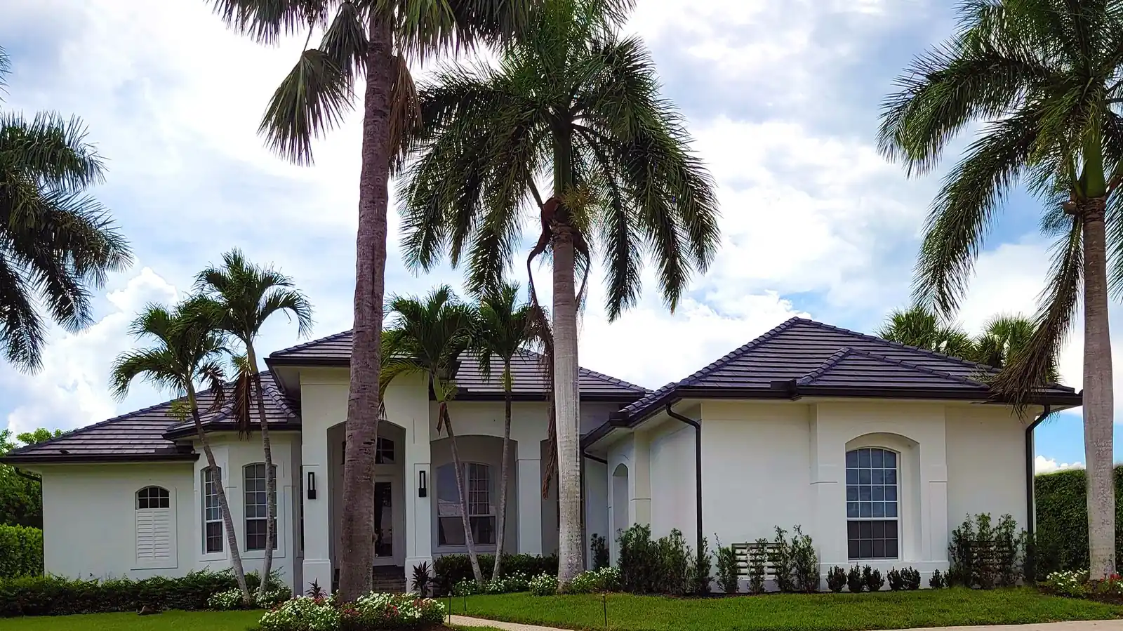 White single-story Florida home with palm trees and a green lawn